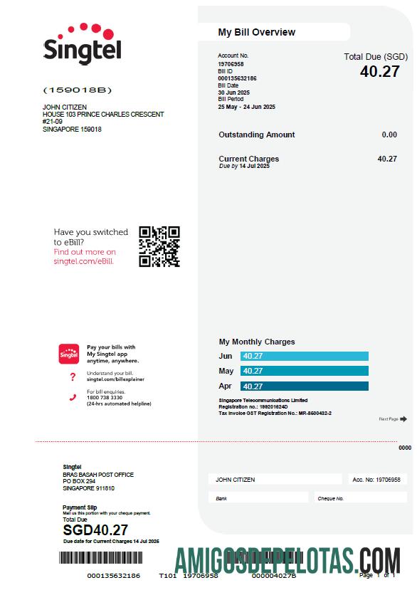 imprimível Modelo de conta de serviços públicos Singtel de Cingapura em formatos Word e PDF